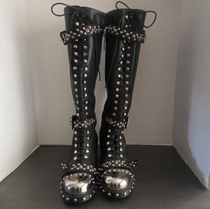 Knee High Lace Up Studded Goth Punk Boots Metal Toe Vegan Leather Buckle Size 39